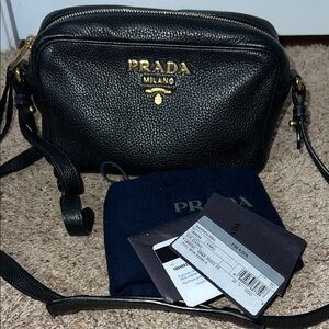 3308 Prada Black Leather Shoulder Bag with Gold Details